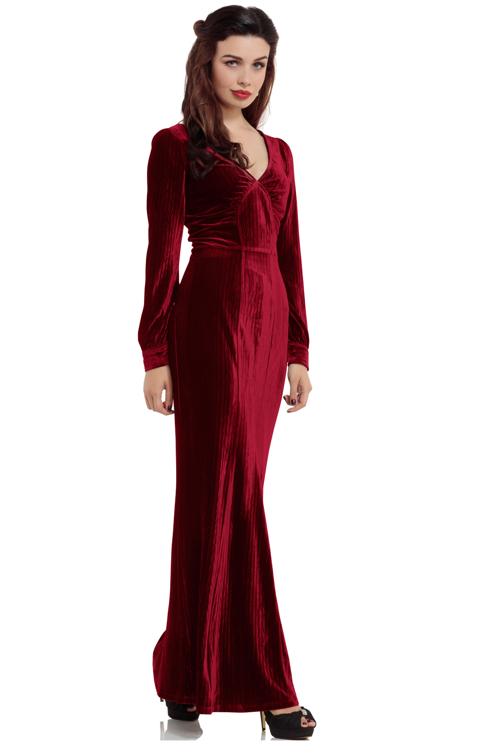 30s Vixen Olive Wine Red Glamour Velvet Dress | V-Neck Retro Dress ...