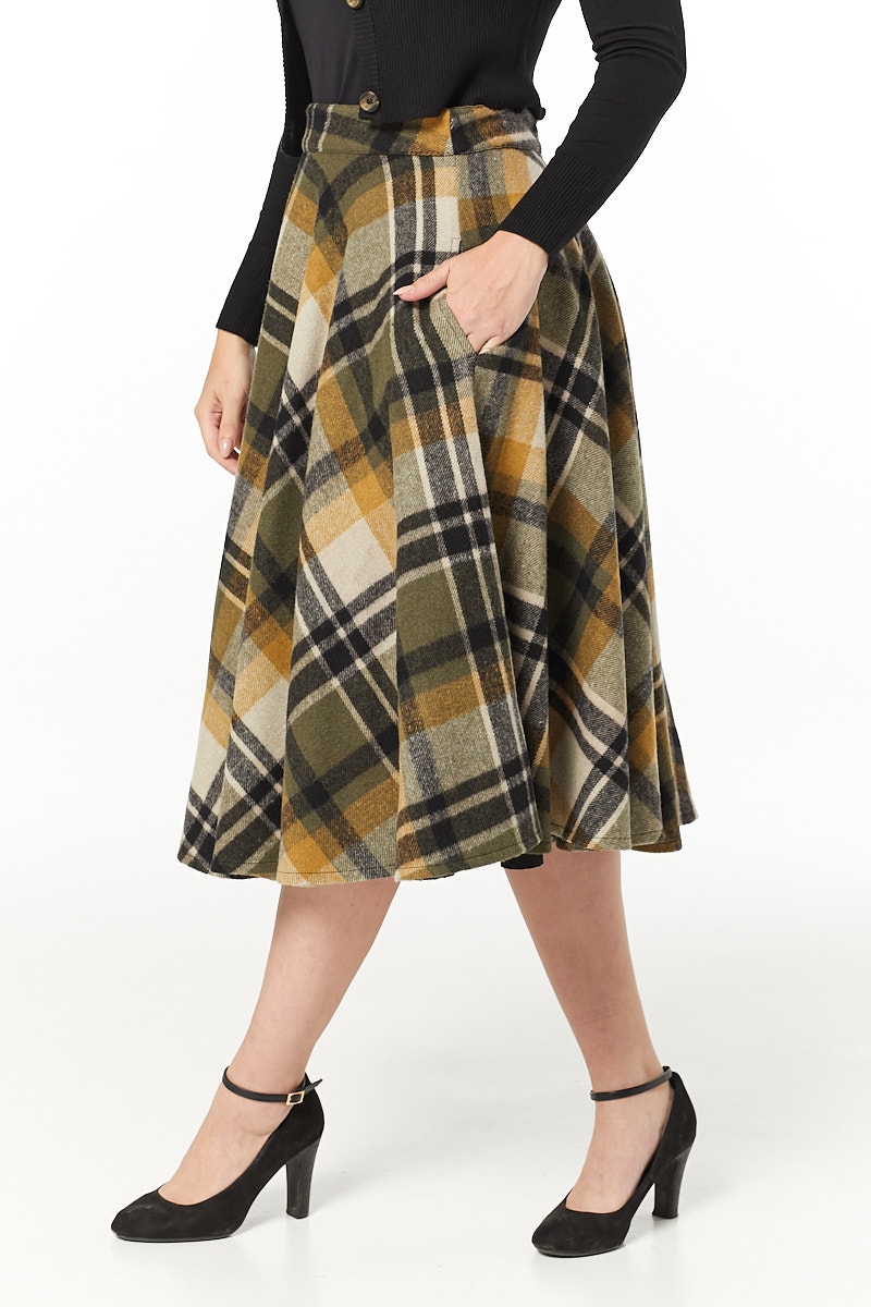 Timeless 40s Sophie Wool Rockabilly Check Khaki Skirt | UK Seller