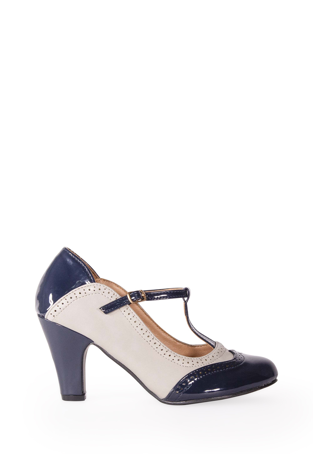 Banned Retro 50s Diva Blues T Strap Pumps In Navy And Grey