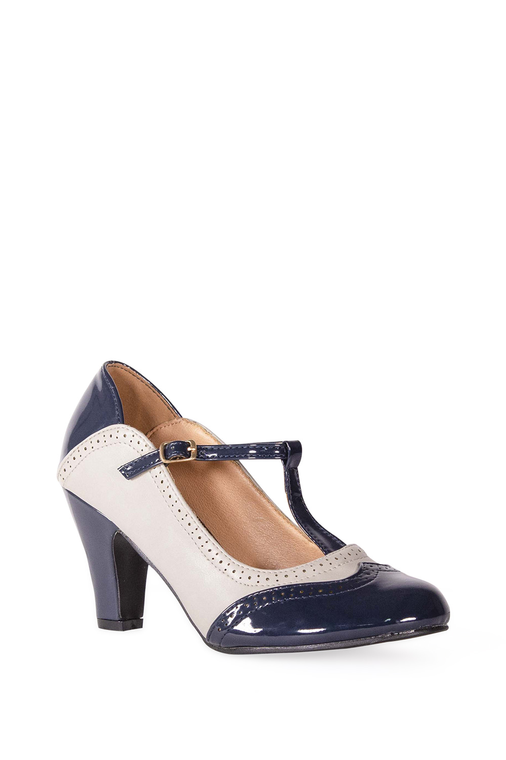 Banned Retro 50s Diva Blues T Strap Pumps In Navy And Grey