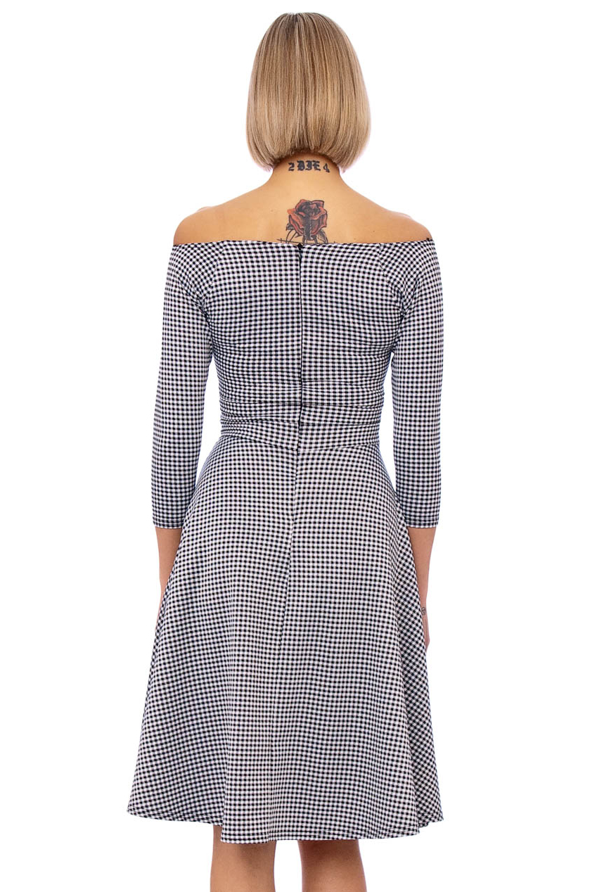 Christelle 50s Gingham Bardot Swing Dress In Black And White