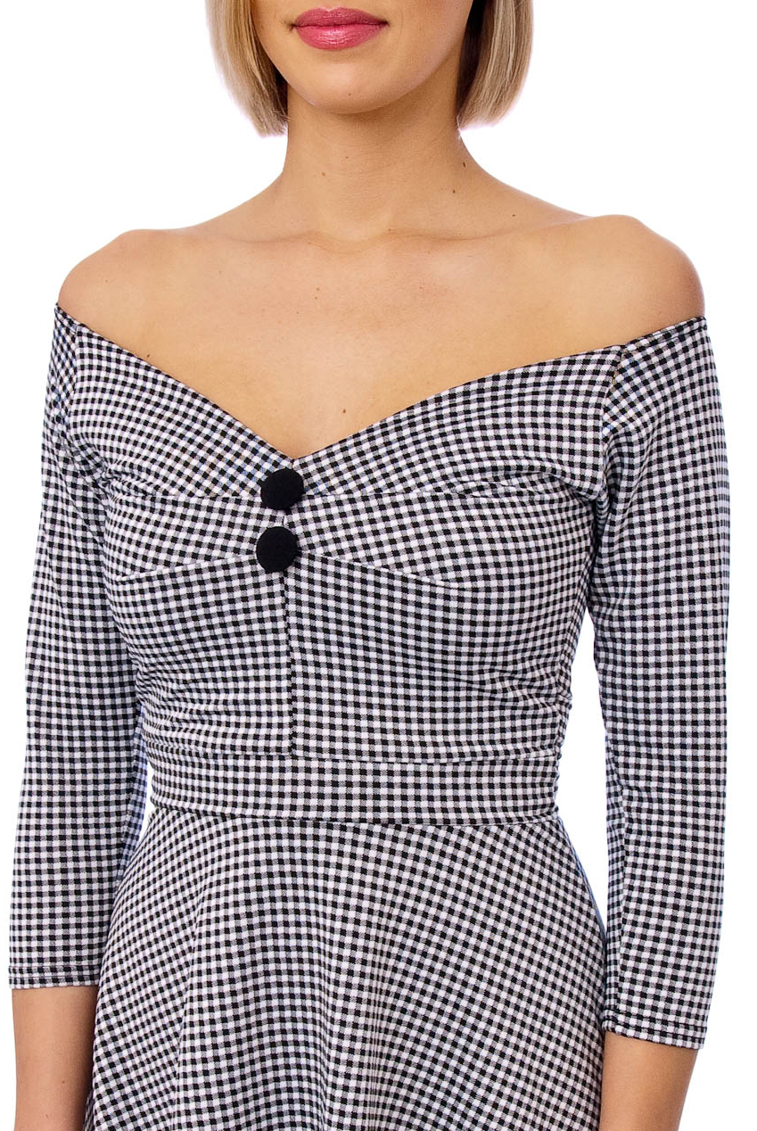 Christelle 50s Gingham Bardot Swing Dress In Black And White