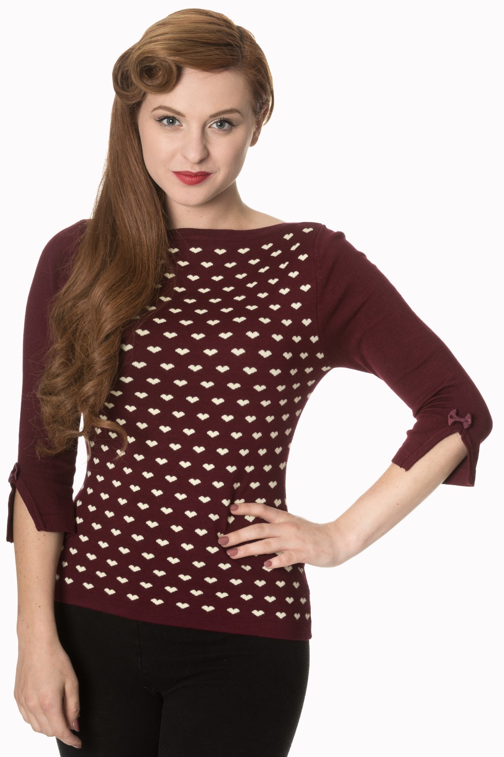 Retro 60s Charming Heart Knit Burgundy Sweater