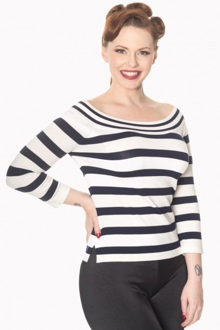 Banned Retro Ahoi Navy Stripe Bardot Nautical Top