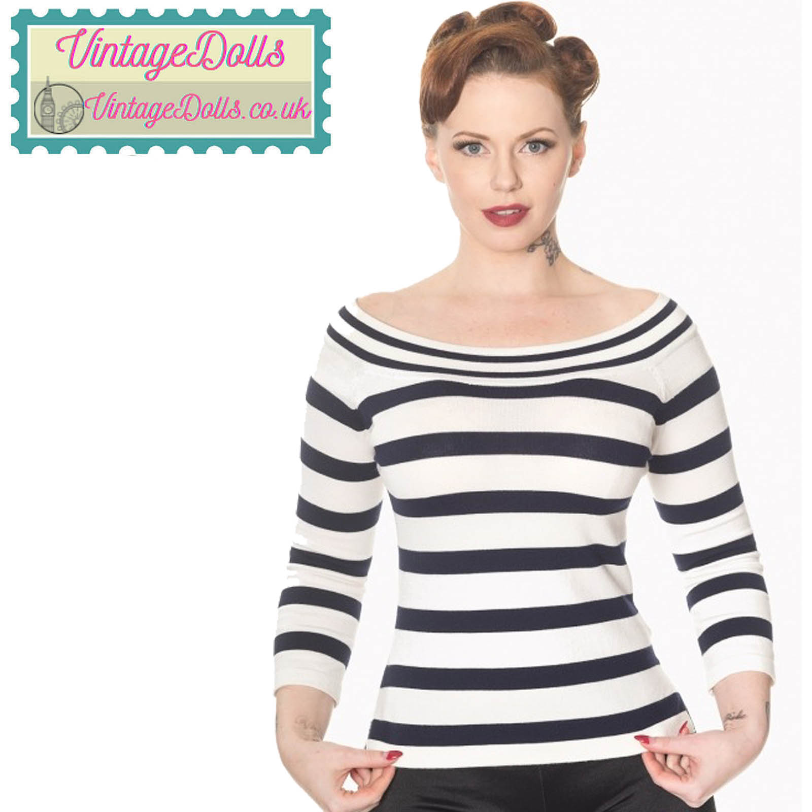 Banned Retro Ahoi Navy Stripe Bardot Nautical Top