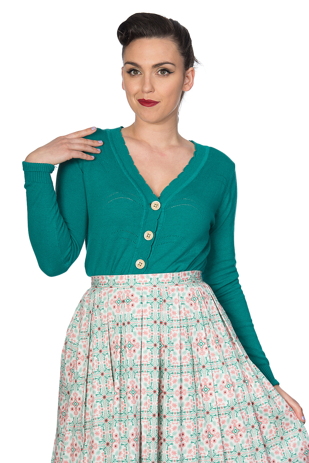 Banned Retro 50s June Pointelle Scalopped Cardigan In Green