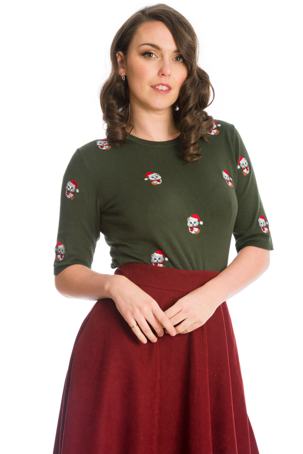 Banned Retro 50s Christmas Cat Jumper in Green