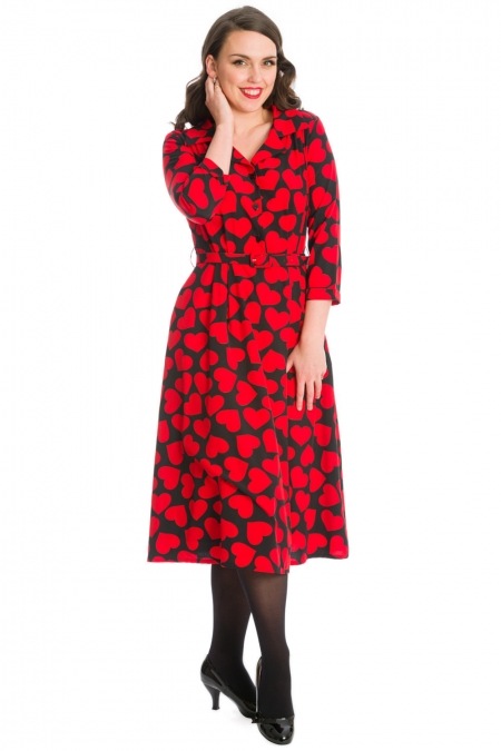 Banned Retro 50s Romance Button Dainty Red Heart Dress In Black