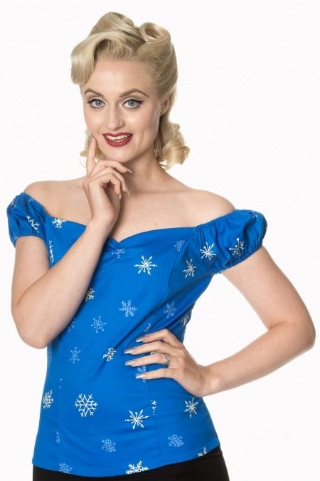 Sadie Snowflake Blue Vintage Off Shoulder Bardot Top