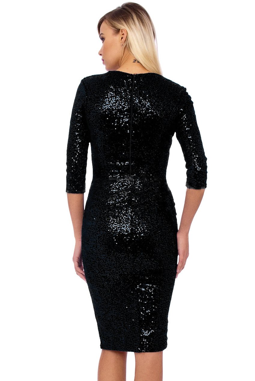 50s Beverley Black Sequin Velour Pencil Party Midi Dress