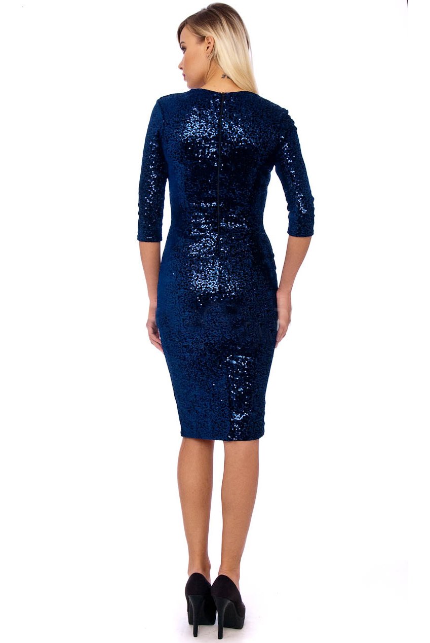 50s Beverley Sequin Velour Pencil Party Midi Dress in Navy