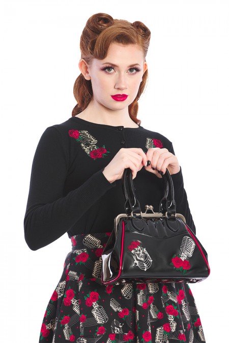 Banned Retro 50s Nashville Embroidered Skull Handbag in Patent Black