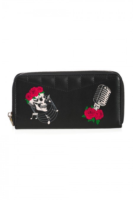 Banned Retro 50s Nashville Embroidered Skull Handbag in Patent Black 