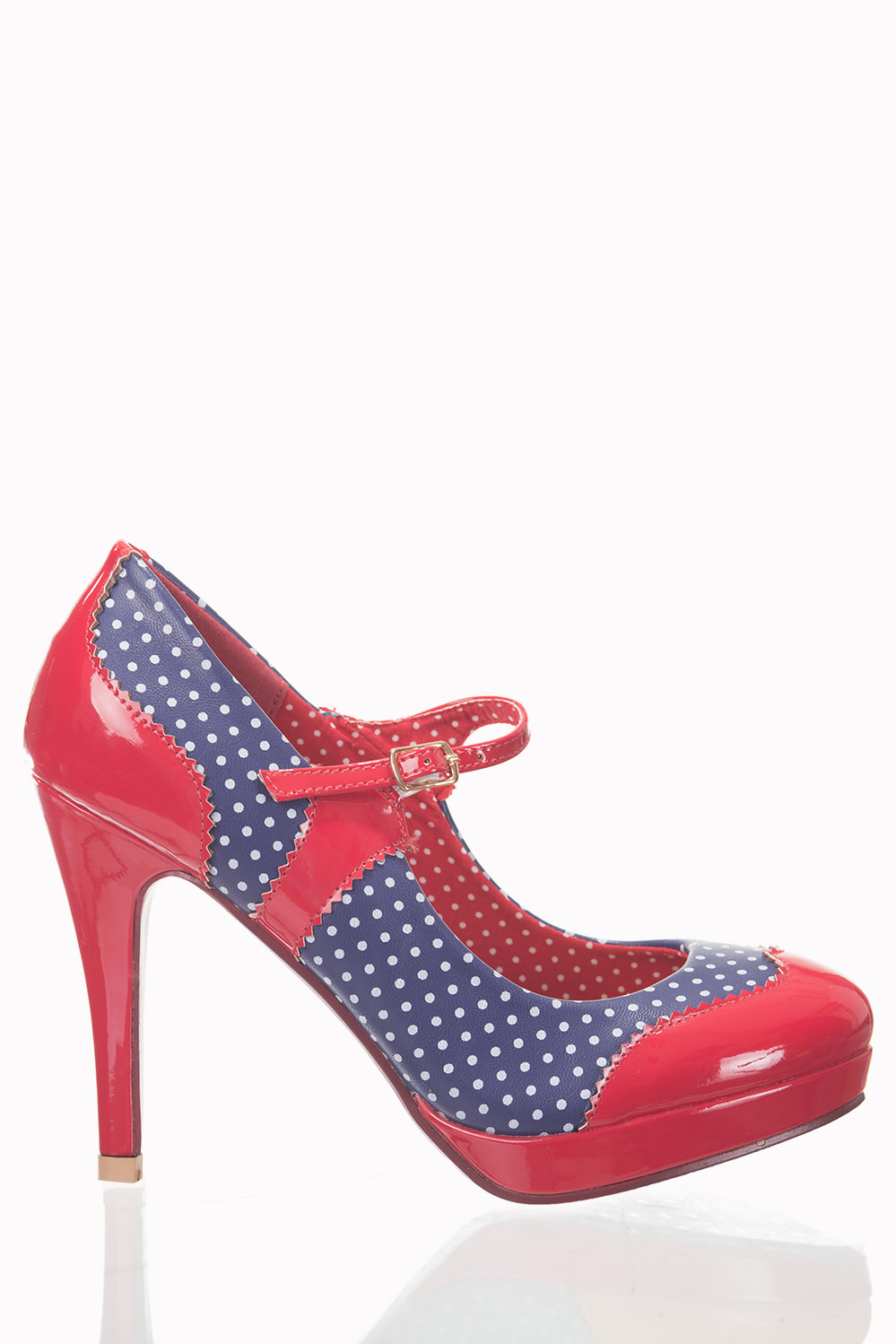 Black and white polka dot shoes with red heels best sale