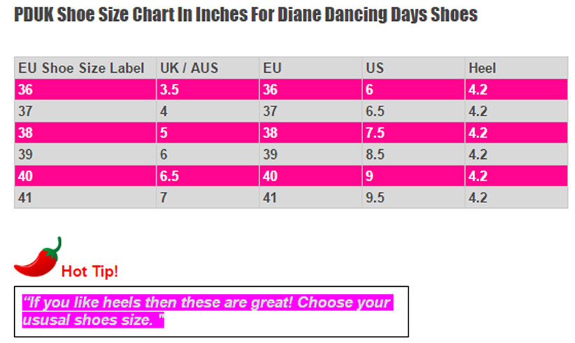 Dancing Days Diane Shoes Size Chart