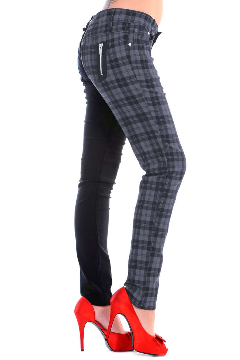 Ladies Banned Grey Half Tartan Skinny 80s Jeans