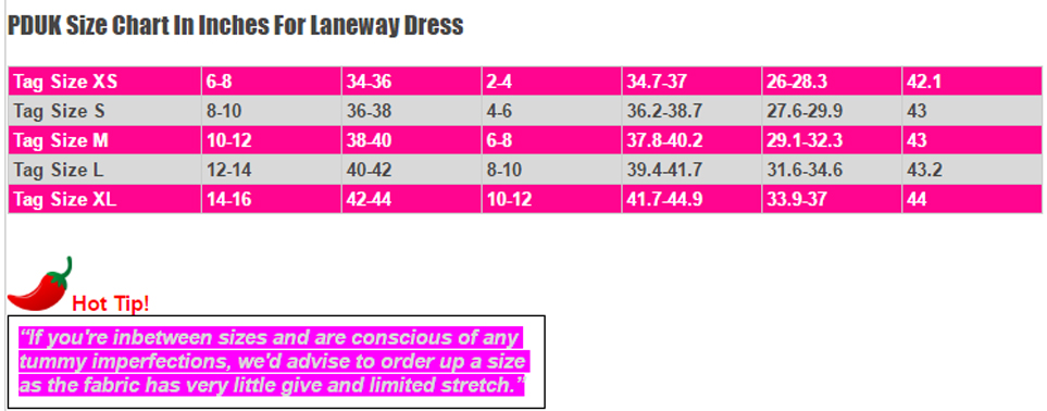 Dancing DaysLaneway Dress Size Chart