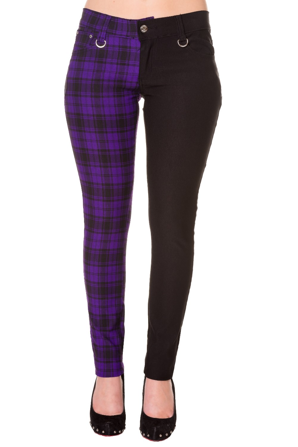 Ladies Banned Purple Half Tartan Skinny 80s Jeans