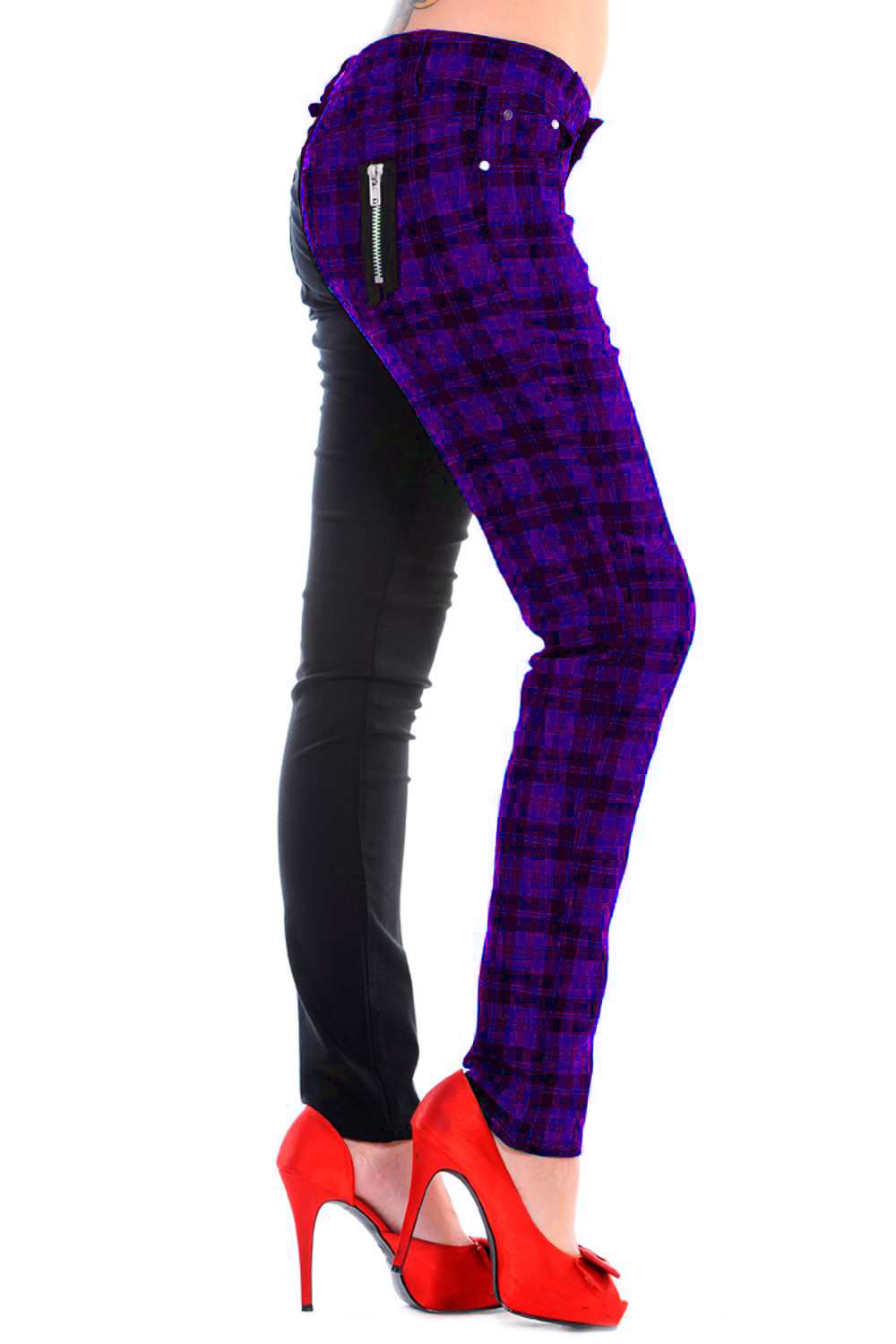 Ladies Banned Purple Half Tartan Skinny 80s Jeans