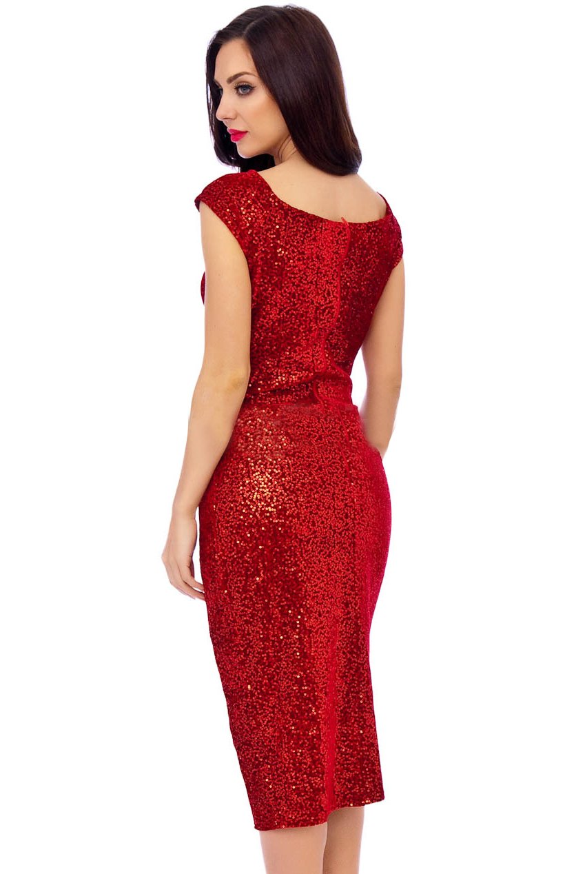 50s Sacha Red Sequin Velour Pencil Party Midi Dress